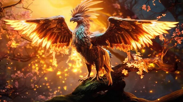 An eagle with spread wings flies above the fire.