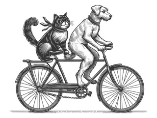 Obraz premium dog and cat riding a bicycle together, capturing a whimsical and playful scene with vintage flair sketch engraving generative ai vector illustration. Scratch board imitation. Black and white image.