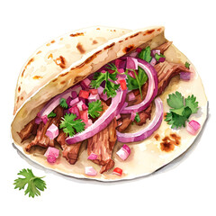 Taco de Carnitas : Slow-cooked pork taco served with cilantro and red onion, Studio lighting, full body, isolate on white background, watercolor illustration