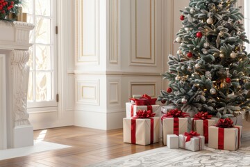 Christmas Tree with Black and Gold Presents Against a Rustic Wooden Wall: A Cozy and Elegant Holiday Display with Seasonal Charm