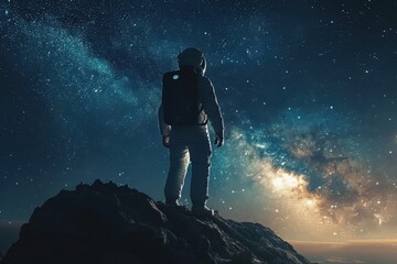 Astronaut Standing on a Mountain Peak Against a Starry Night Sky