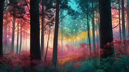 Obraz premium Vibrant, stylized digital painting of a forest. The layout features tall, slender trees with dark trunks and branches, colorful fantasy jungle