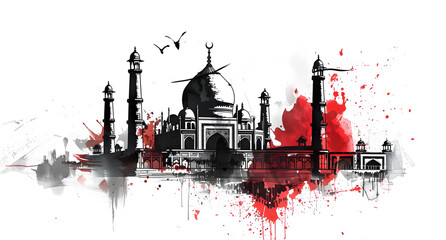 An artistic black and white illustration of the Taj Mahal, enhanced with dramatic red and black watercolor splashes. The iconic structure's domes and minarets are intricately detailed,