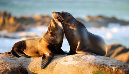 Fototapeta premium Two sea lions basking together on a sunny rock.