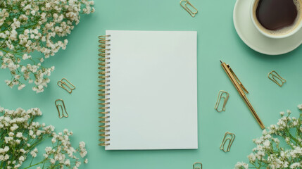 Notebook: Centrally placed on the desktop, the notebook is open with blank pages ready for writing or sketching.
