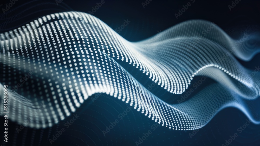 Poster abstract wave pattern with white and gray dots representing light technology texture and big data di