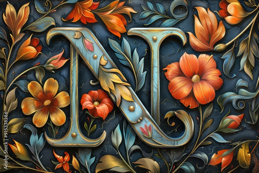 Fototapete An artistic illustration featuring the letter N surrounded by intricate floral patterns adding a touch of elegance and sophistication to any design.