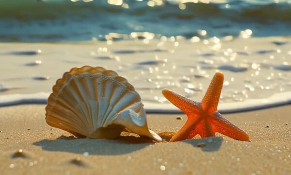 A seashell on a sandy beach with a starfish nearby