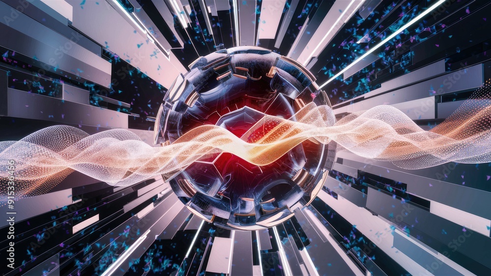 Poster futuristic energy sphere with radiant light rays dynamic waves and vibrant particles in an abstract 