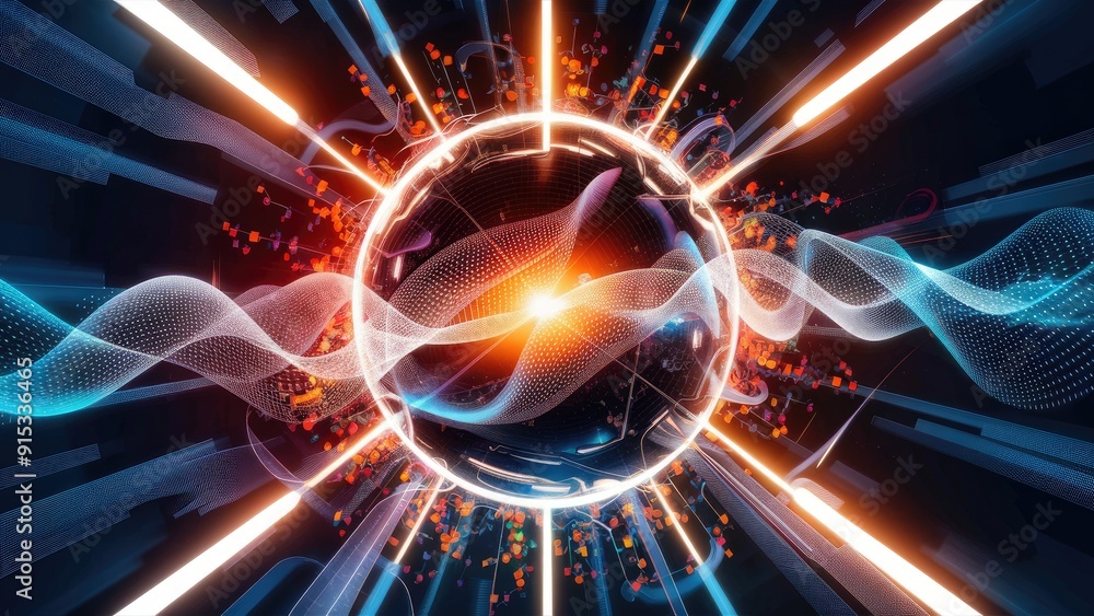 Poster futuristic energy sphere with radiant light rays dynamic waves and vibrant particles in an abstract 