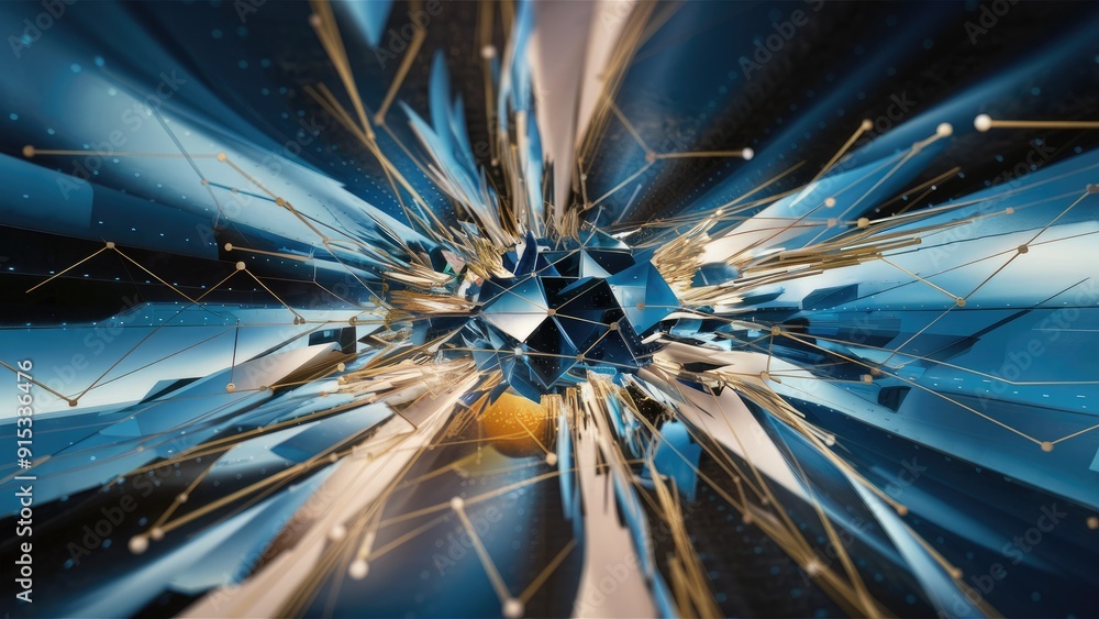 Poster abstract digital plexus background in blue and gold tones intricate network of lines points and tria