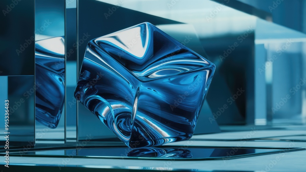 Poster elegant blue glass cube with reflections and refractions modern 3d abstract rendering with highquali