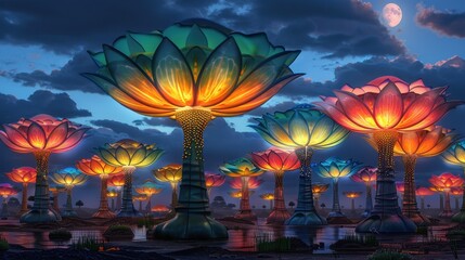 Fototapeta premium Stunning illuminated fantasy lotus flowers against a twilight sky, creating a surreal, magical, and dreamy atmosphere under a full moon.