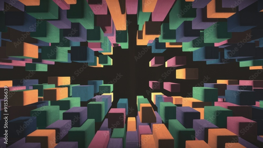 Poster vibrant 3d rendering showcasing an abstract pattern of colorful cubes in various shapes minimalistic