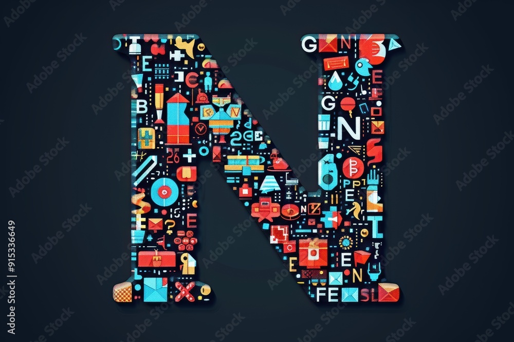 Fototapete an illustration of the letter n made up of smaller letters symbols and icons representing the concep