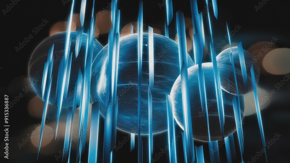 Poster abstract blue vertical light streaks with bokeh effect background