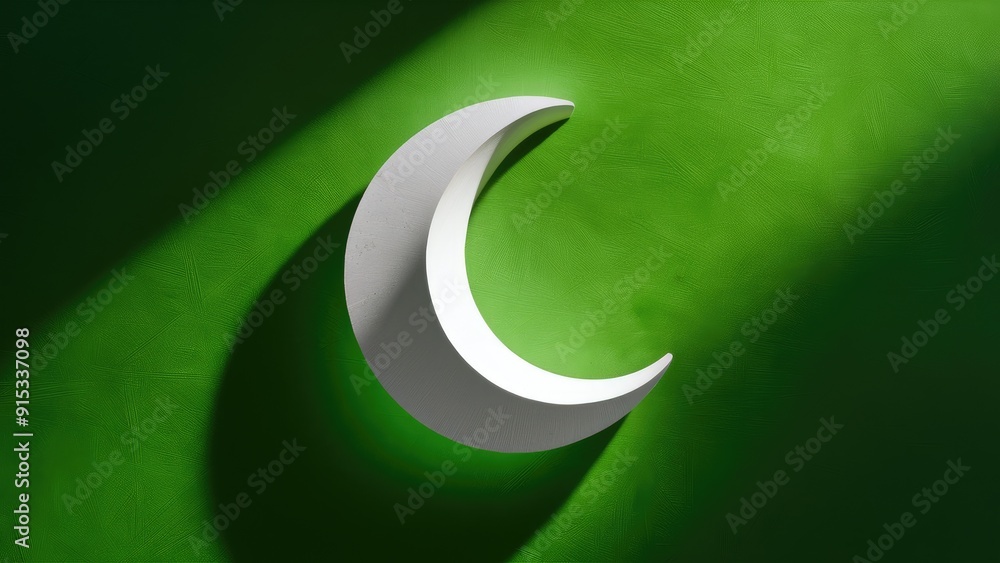 Poster isolated realistic white crescent symbol with shadow in front view 3d illustration on green backgrou