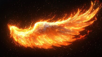 Side view of burning white angel wings on a black background vector anime illustration.
