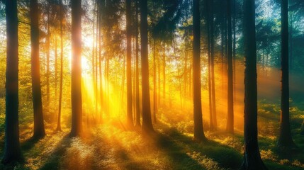 Obraz premium A vibrant forest with sunlight streaming through the trees, showcasing the dynamic beauty of natural light.