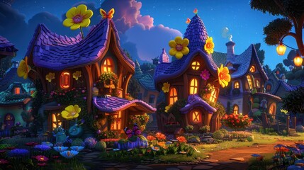Fototapeta premium Whimsical fairy tale village illuminated at night with charming cottage houses, glowing windows, and vibrant flowers.