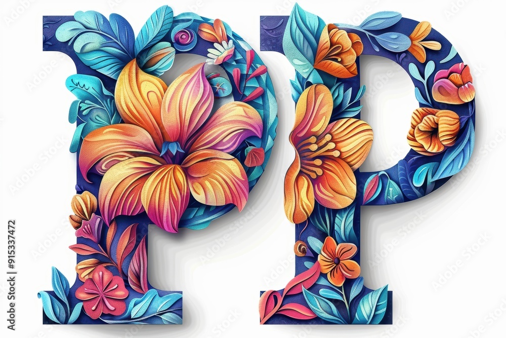 Fototapete an artistic illustration of the letter p featuring intricate floral patterns and vibrant colors perf