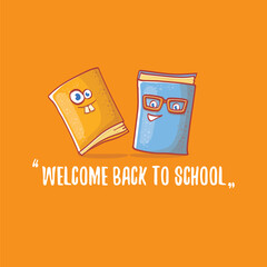 Back to school banner or poster with cartoon funky book and hand drawn doodle text label on orange backgrtound. Vector back to school background with cartoon school supplies