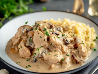Chicken Mushroom Stroganoff with Luxurious Presentation in Soft Light - Elegant Dining Concepts