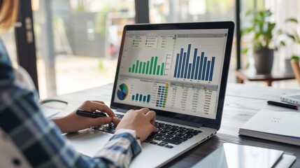 Businesswoman analyzing financial data on laptop screen.