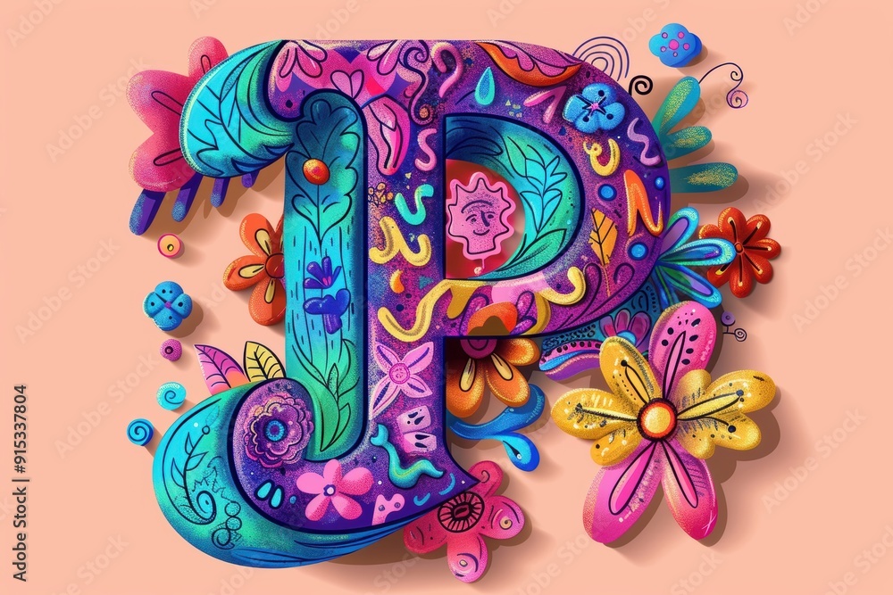 Fototapete a whimsical illustration of the letter p with playful doodles and imaginative elements adding a sens