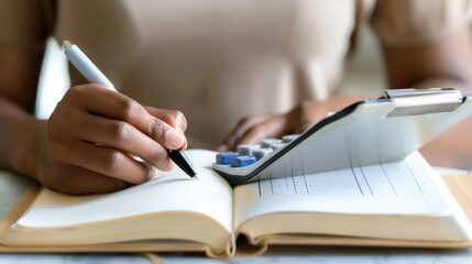 Close up of woman hand writing in notebook and using calculator.