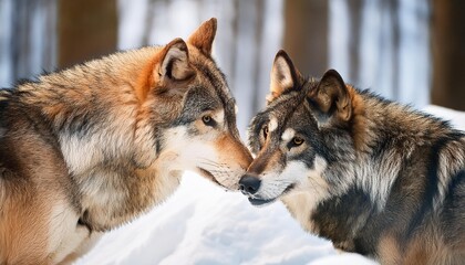 A pair of wolves nuzzling each other in a snowy woodland.