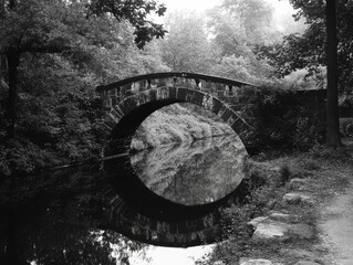 Fototapeta premium Ancient Stone Bridge Over Serene River in Black and White Forest Landscape