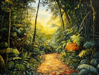 Fototapeta premium Sunlit Path Through Dense Tropical Rainforest with Lush Greenery and Vibrant Foliage