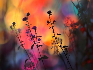 Colorful Silhouettes of Roses and Plants Against a Vibrant Sunset Background