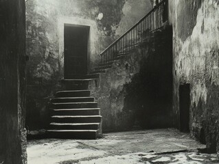 Obraz premium Mysterious Abandoned Staircase in a Dark, Dilapidated Building with Cracked Walls