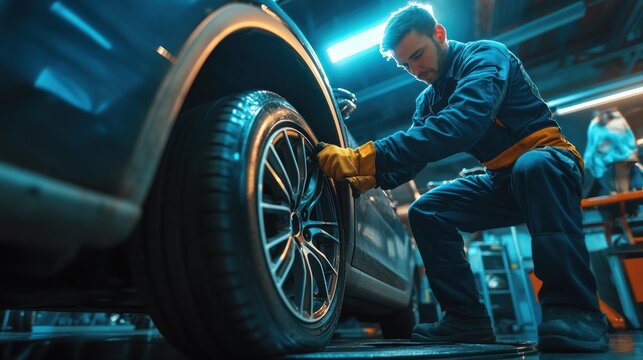 Mechanic Working on a Car Wheel in a Garage