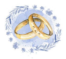 Gold rings for weddings, engagements on a blue background with flowers. Rings, jewelry on a background with leaves, watercolor spots. Wedding accessories in sketch style