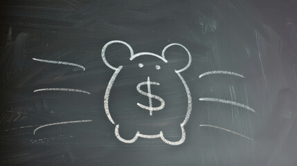 The image shows a blackboard with a drawing of a piggy bank and the word "SAVINGS" written above it.