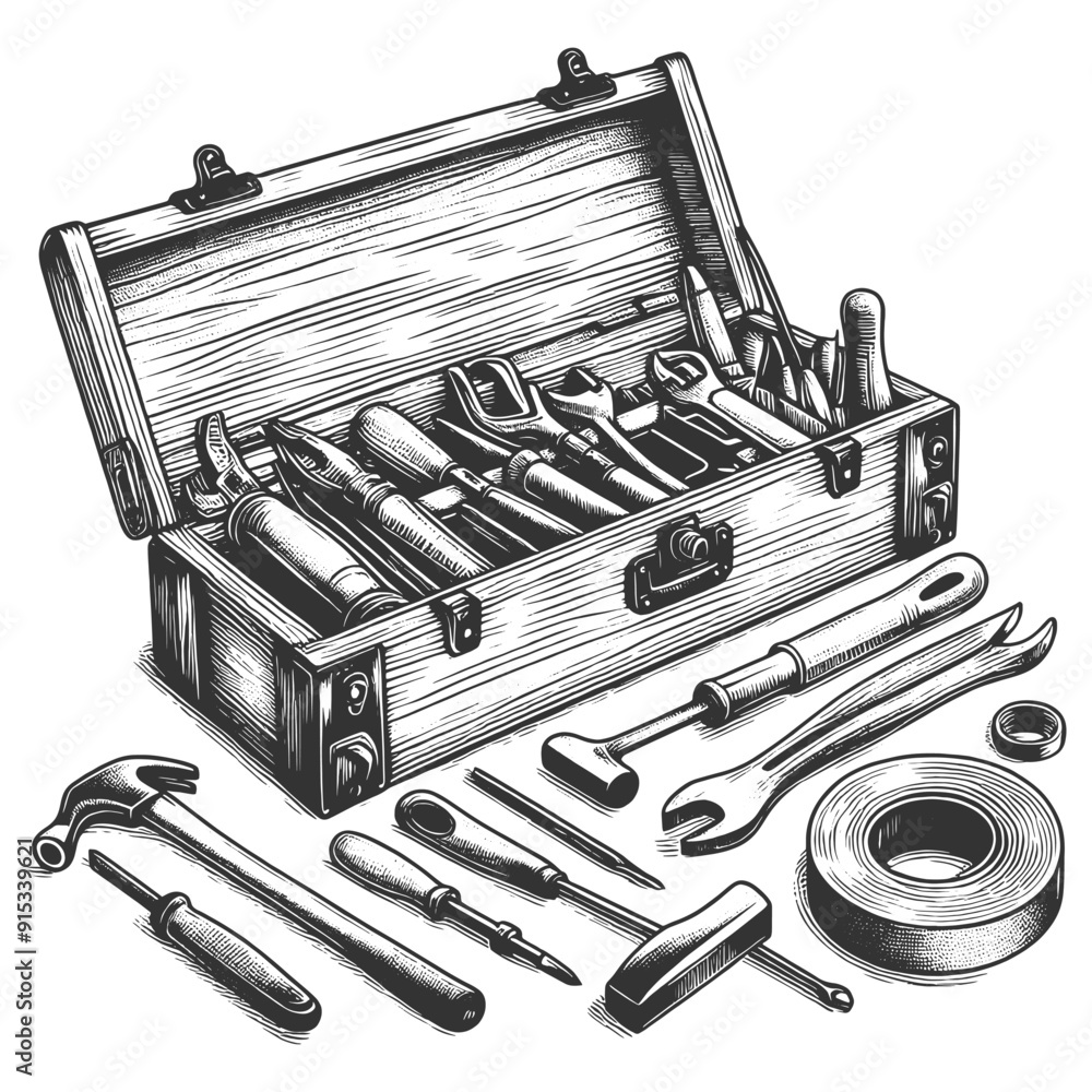 Poster open toolbox, displaying a range of mechanical tools in a striking black and white style sketch engr