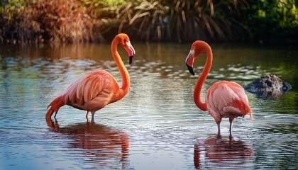 Fototapeta premium Two graceful flamingos standing together in a shallow lagoon.