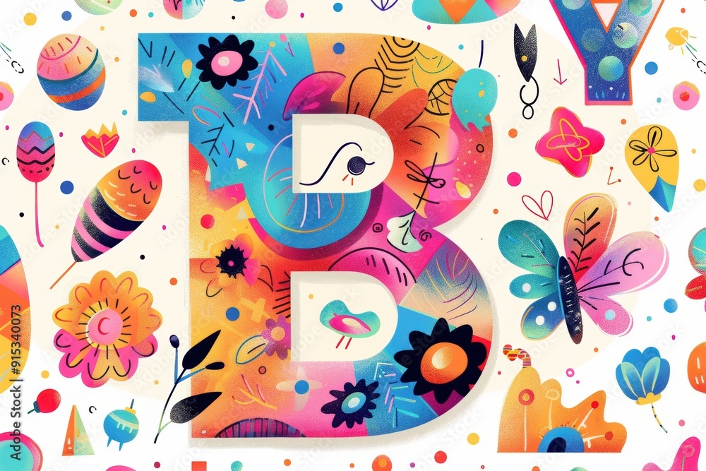 Fototapete a vibrant and colorful illustration featuring the alphabet letter b surrounded by playful elements a