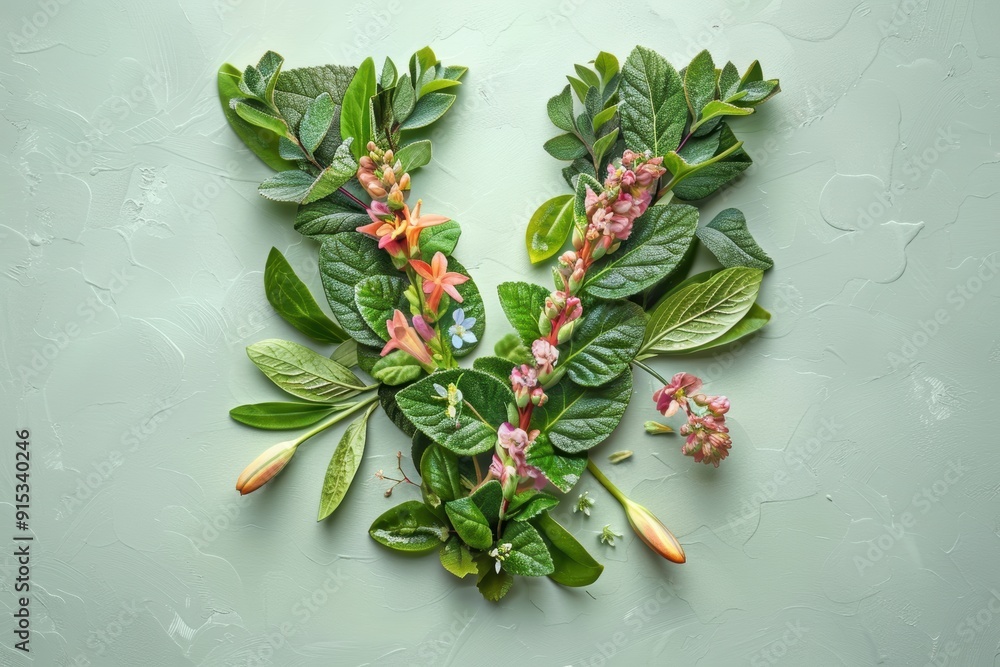 Fototapete an illustration of the letter v crafted from natural elements like leaves branches and flowers creat