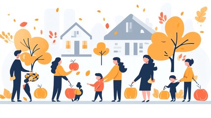 Happy Family Picking Pumpkins in Autumn.