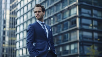 Fototapeta premium Confident young male executive in a blue suit standing outdoors in front of modern glass skyscrapers in the financial district.