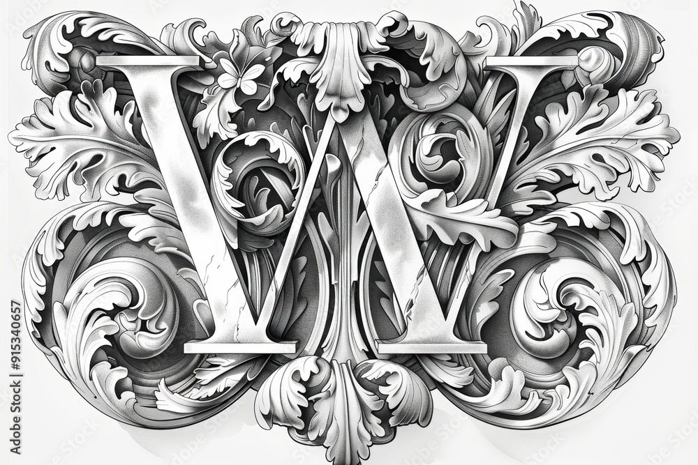 Fototapete a detailed illustration of the letter w adorned with intricate patterns and surrounded by decorative