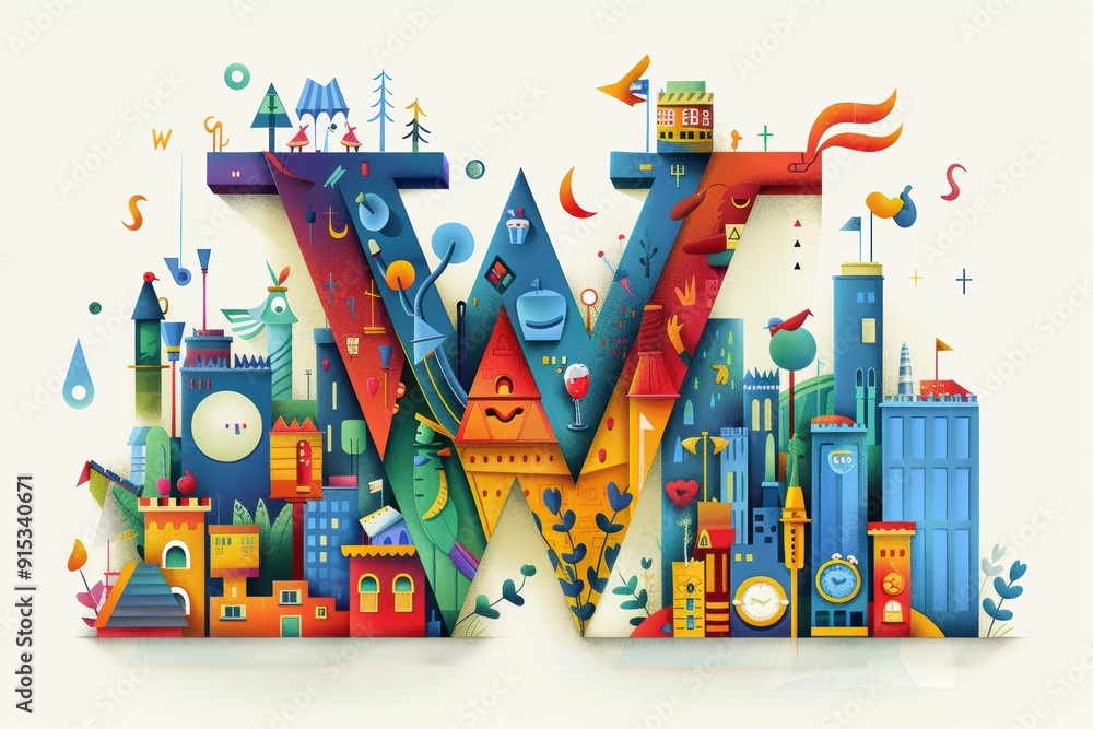 Fototapete an imaginative illustration of the letter w surrounded by whimsical characters and elements adding a