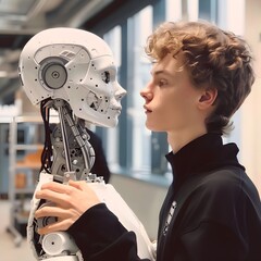 A young man interacts with a humanoid robot's head, examining its intricate design in a laboratory setting.