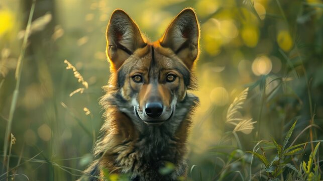 A young wolf standing amidst a grassy area,