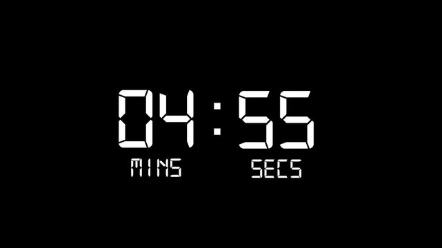Digital Countdown Timer Animation on Black Background - 5 Minutes 

