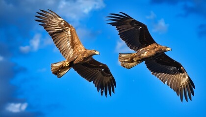 Fototapeta premium A couple of golden eagles soaring together in the sky.